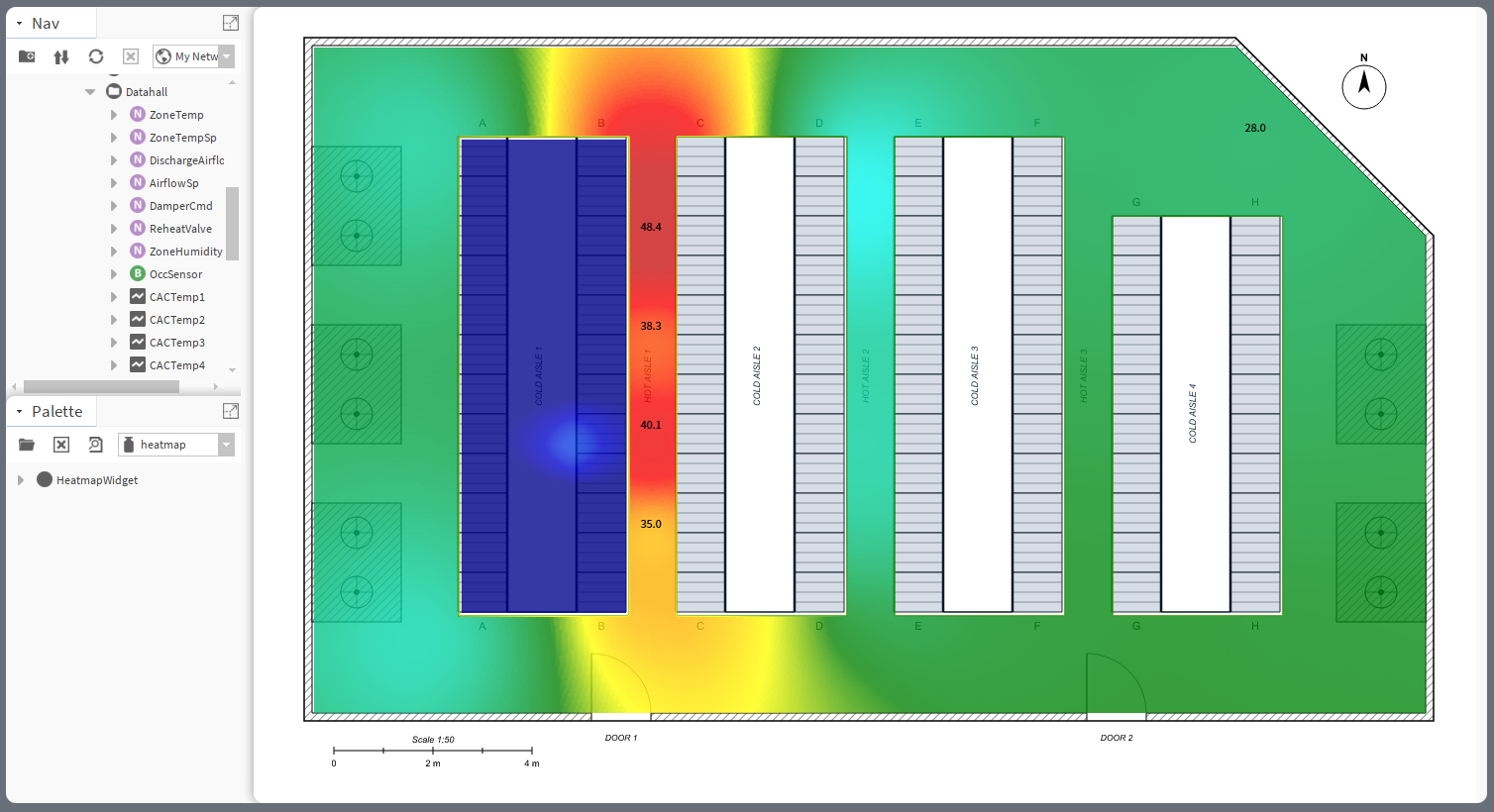 Floor Plan Heatmap for Niagara: data hall floor plan with interpolated thermal field